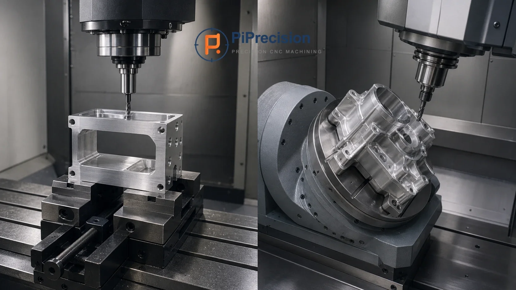 3-axis vertical milling setup compared with a tilted 5-axis CNC machining setup