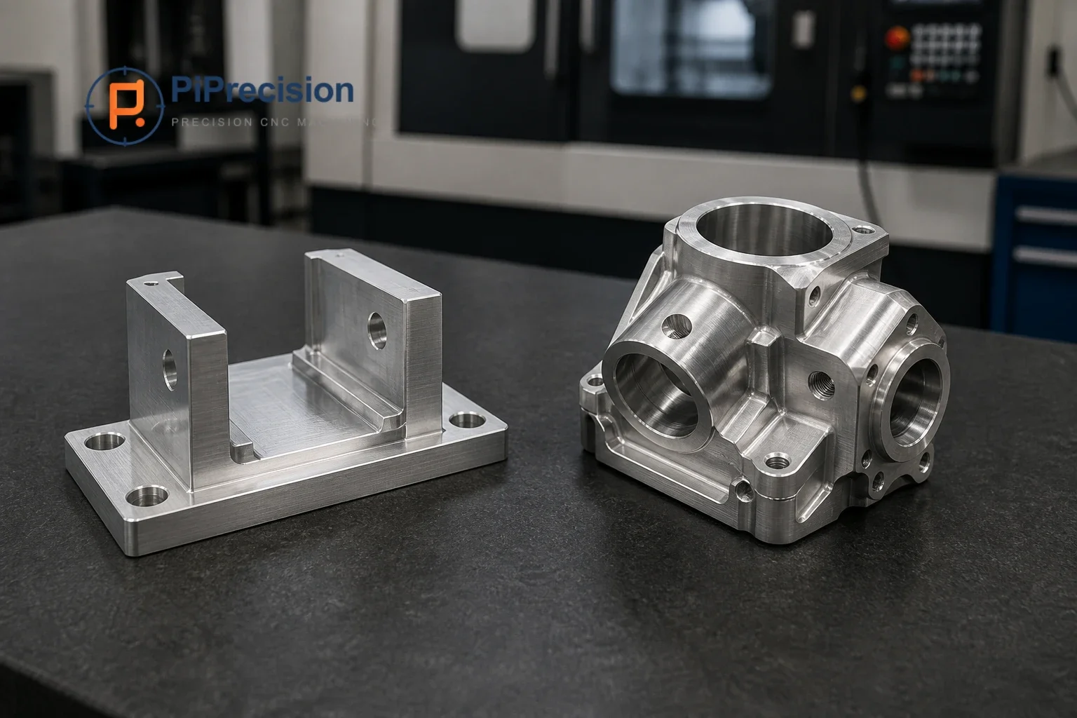 Simple prismatic aluminum bracket beside a complex multi-face CNC-machined housing