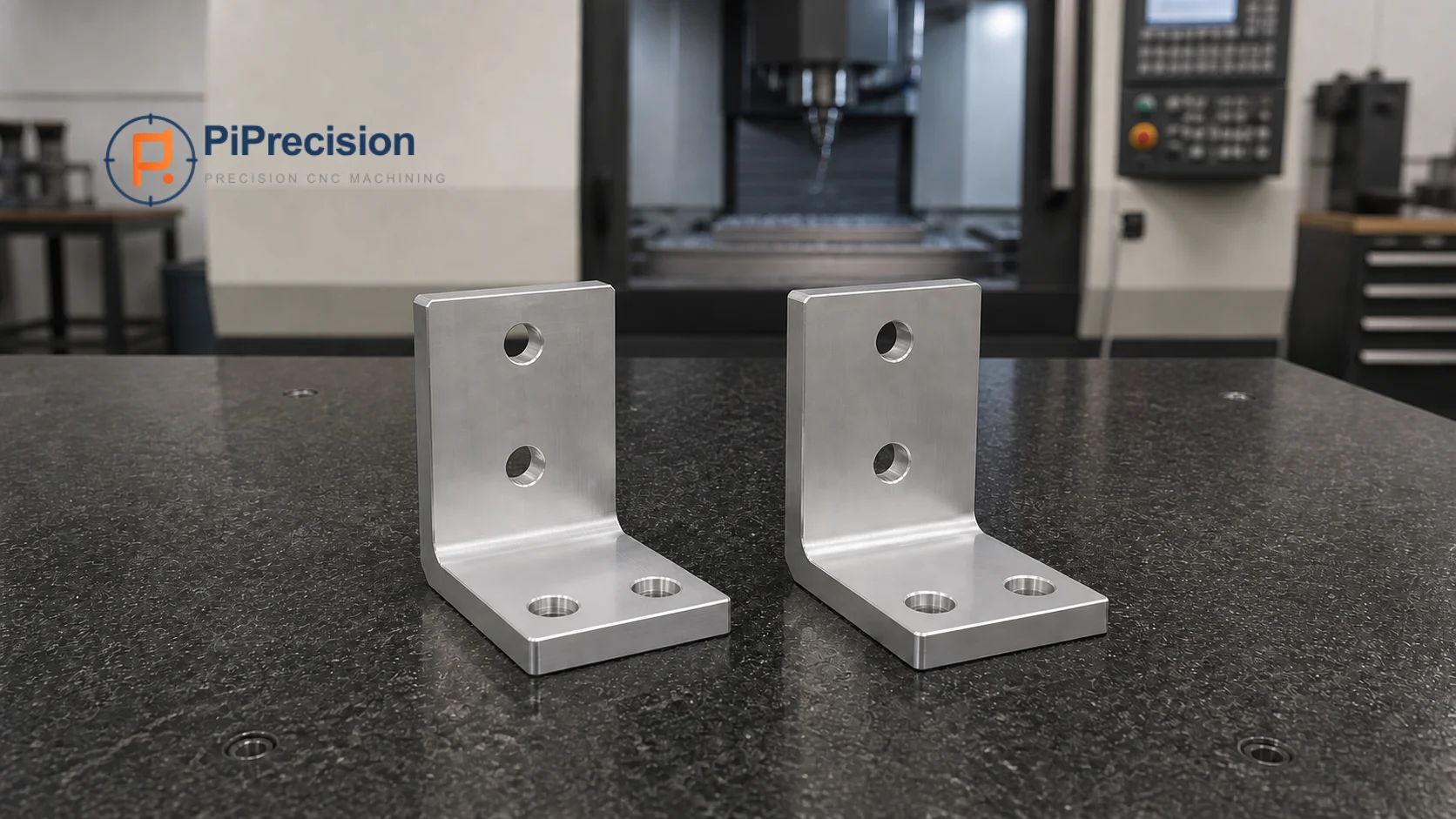 Two representative CNC-machined aluminum brackets on an inspection table.