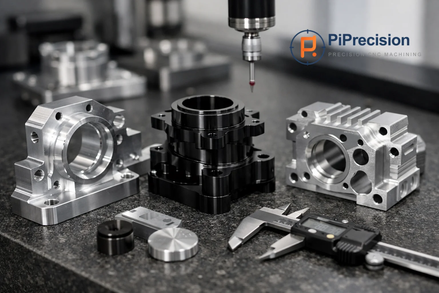 Precision CNC machined Aluminum 6061-T6 parts with anodized finishes on an inspection table in a modern machining workshop.