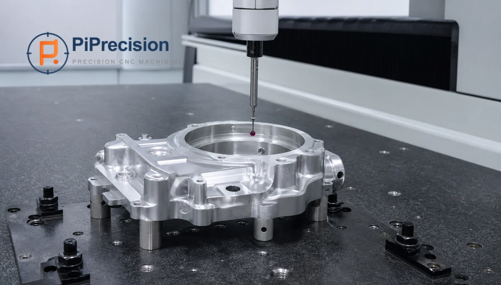 CMM probe inspecting a precision CNC-milled aluminum housing