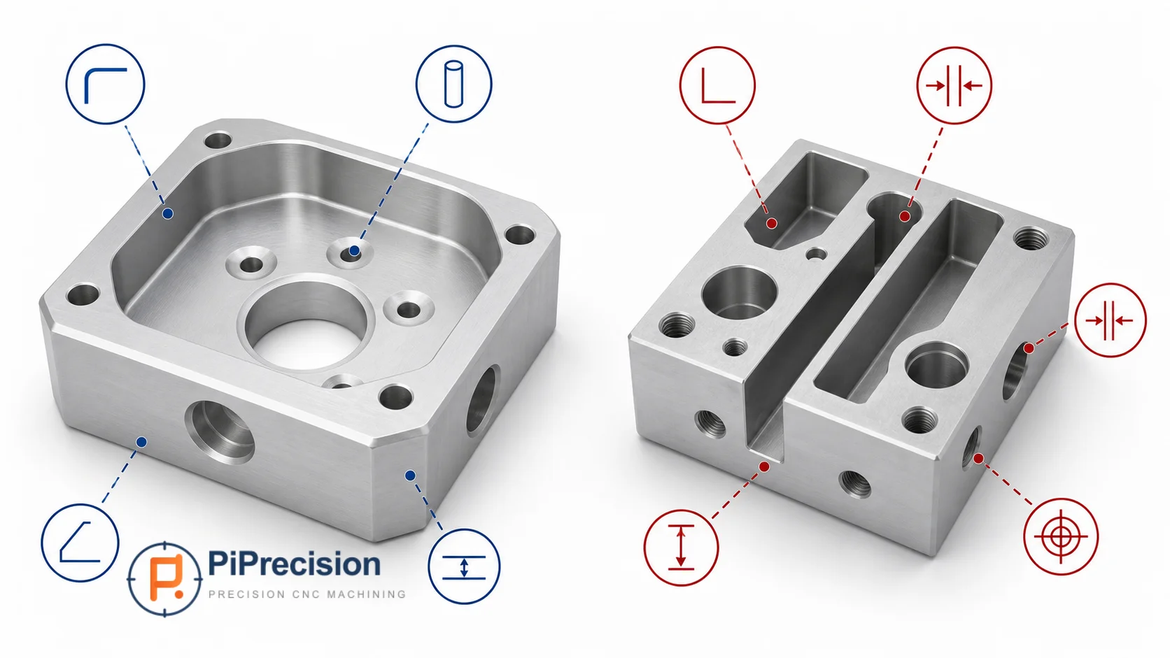 CNC part design comparison showing manufacturable radii and difficult deep pocket features