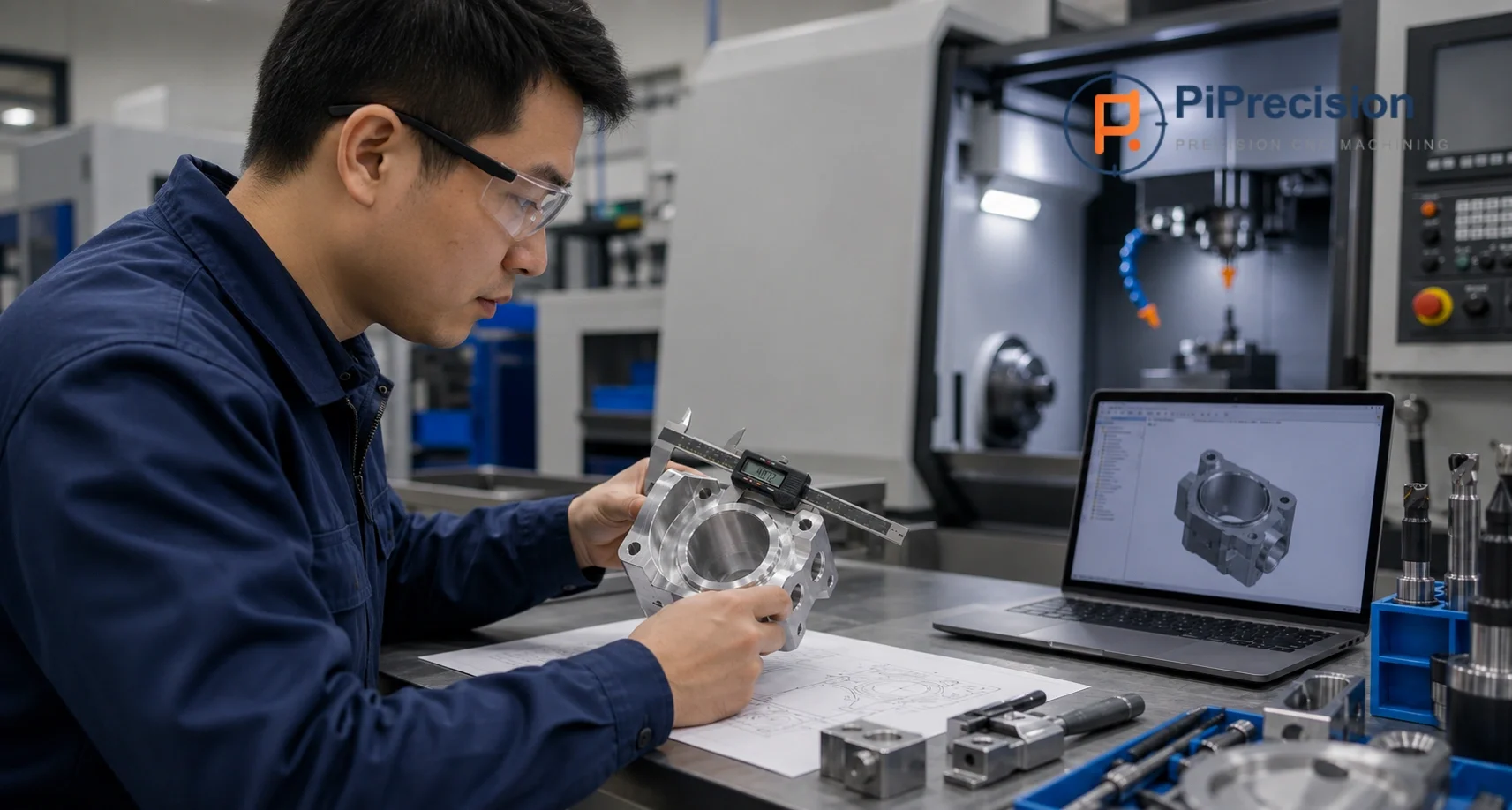 engineer reviewing a CNC-machined aluminum prototype beside a CAD model for fast prototyping