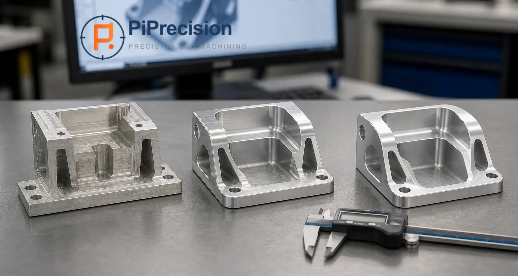 Three CNC prototype revisions showing an iterative fast prototyping workflow