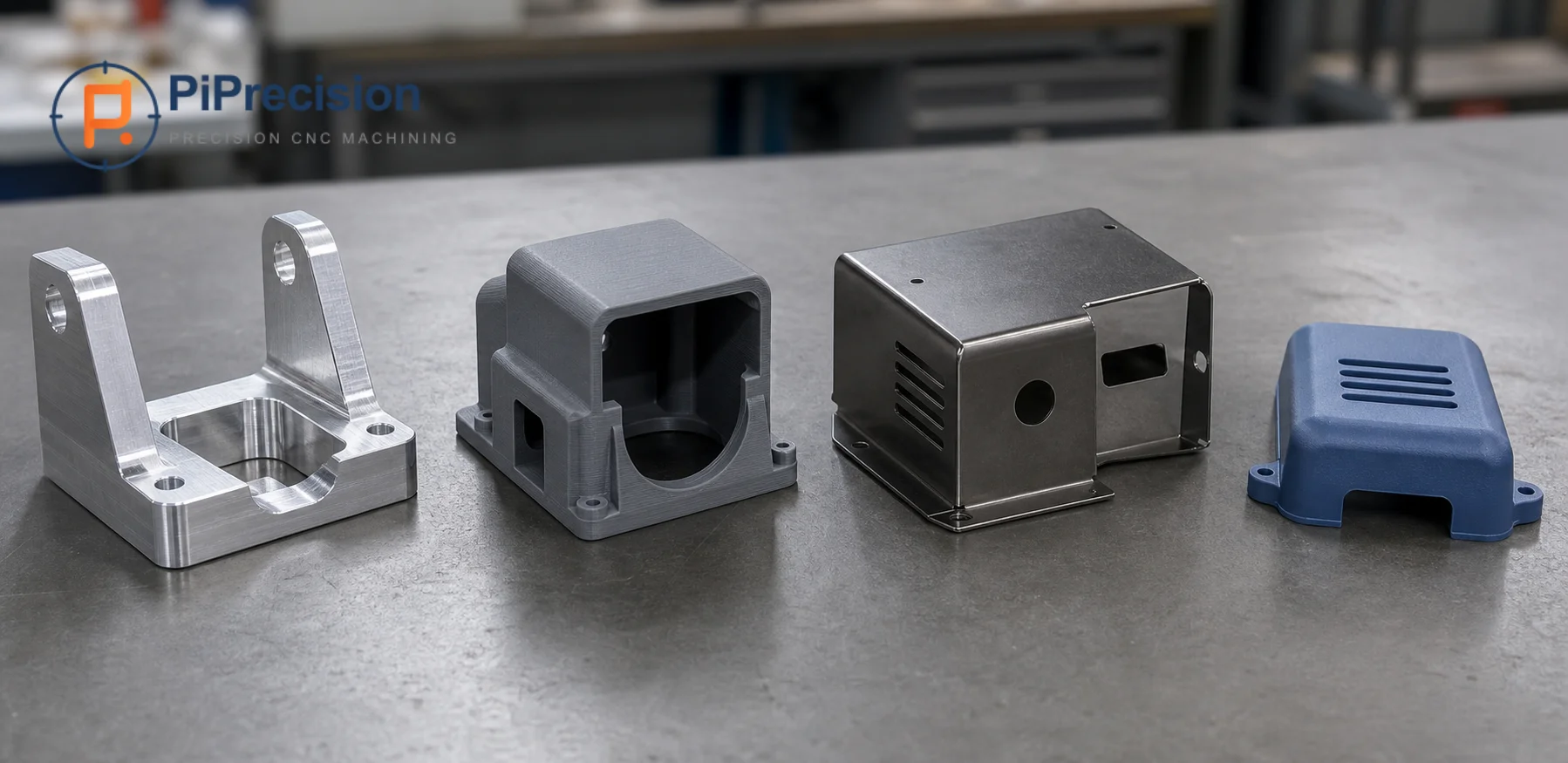 CNC-machined, 3D-printed, sheet-metal, and molded prototype parts compared on an engineering workbench
