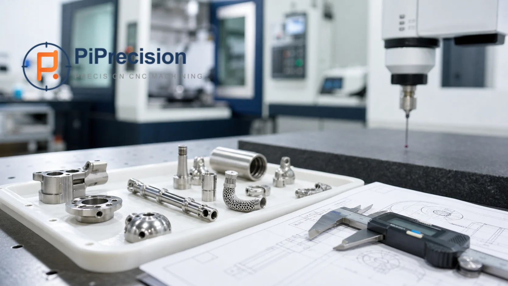 Precision medical device CNC machined components on an inspection tray