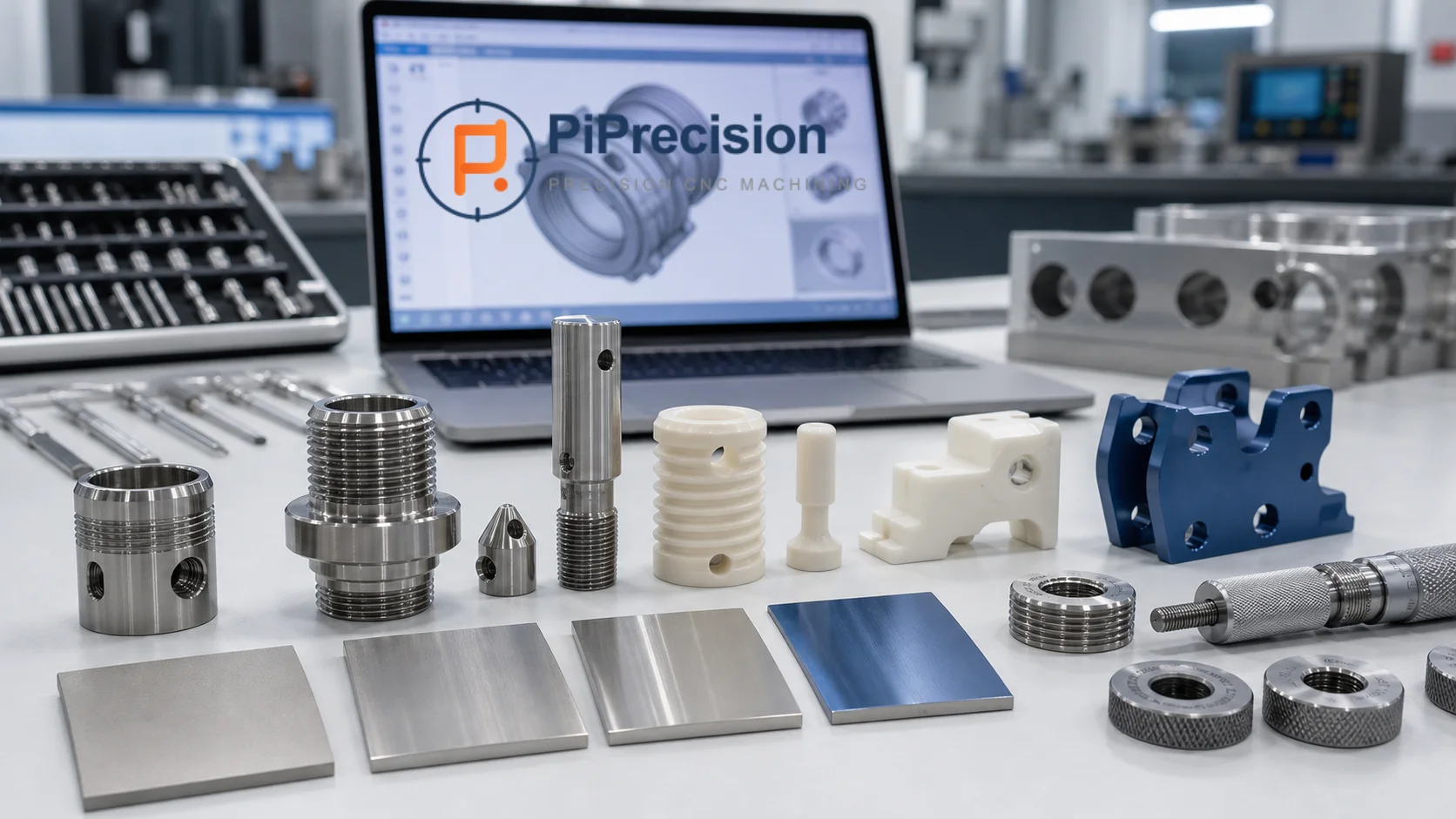 CNC machined medical component material samples including titanium stainless steel and engineering plastic