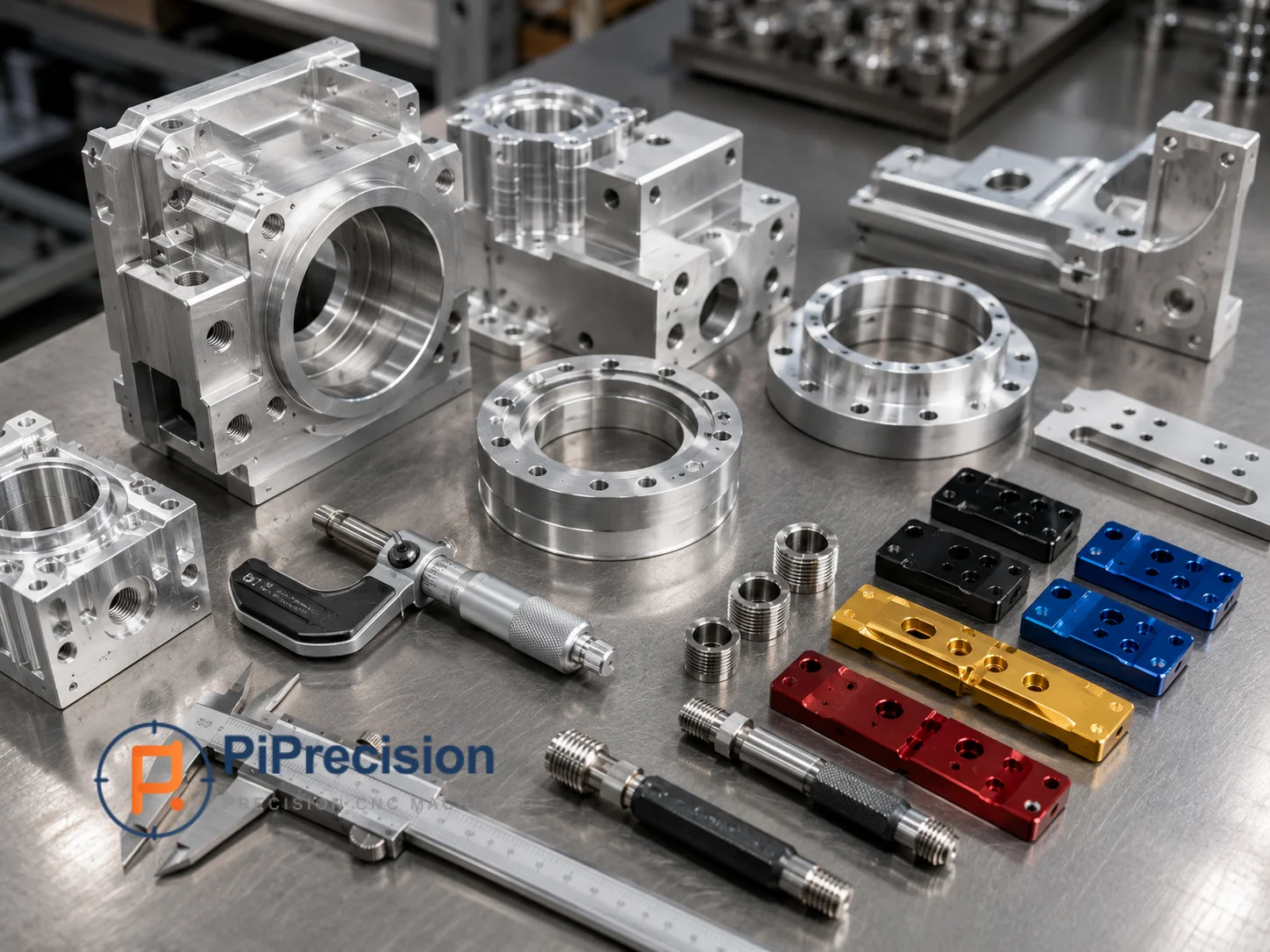 CNC machined parts with inspection tools and surface finish samples