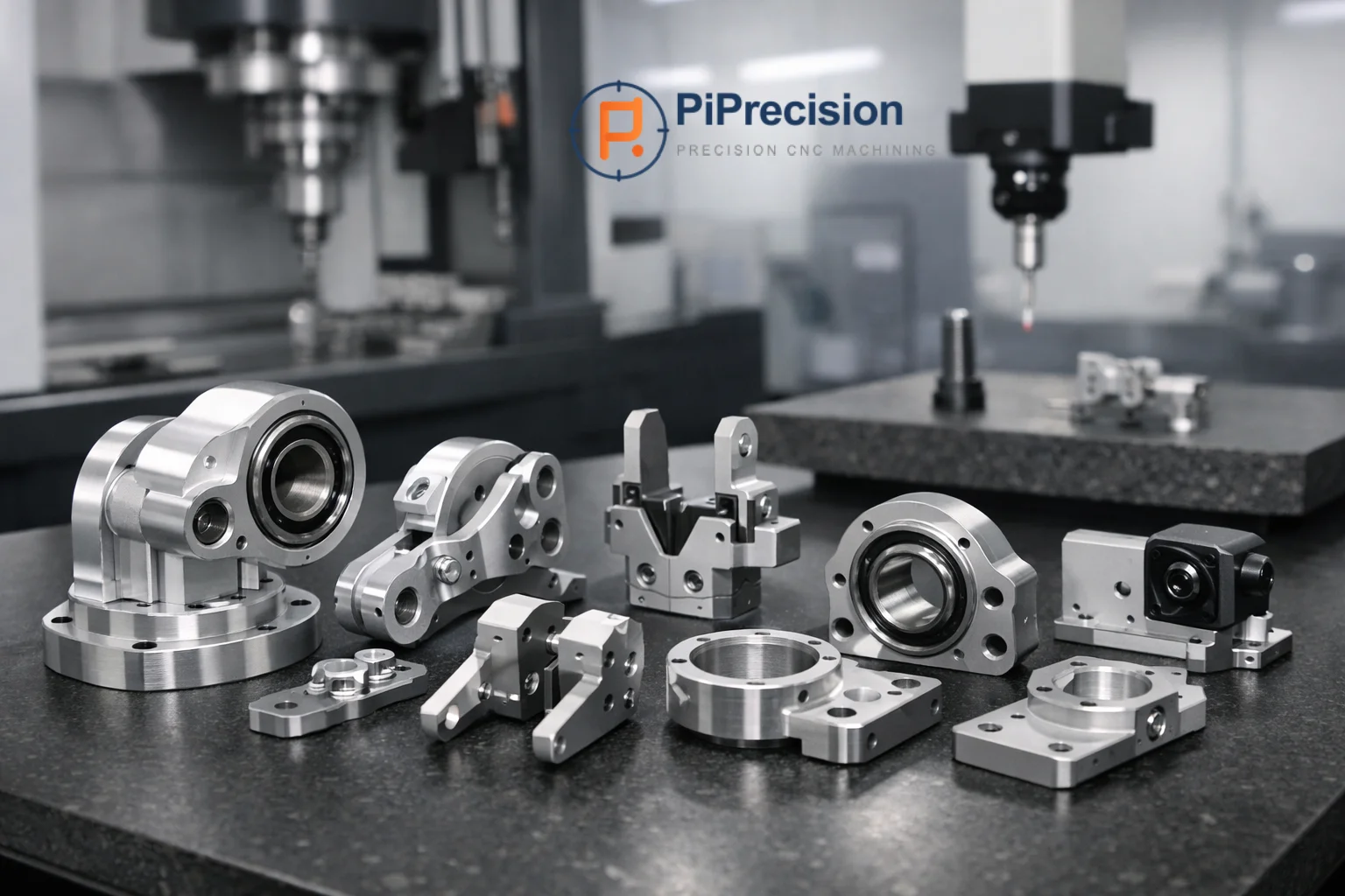 Precision CNC machined robotics components, including robot joints, gripper parts, and bearing housings, arranged on an inspection table in a modern CNC machining workshop.