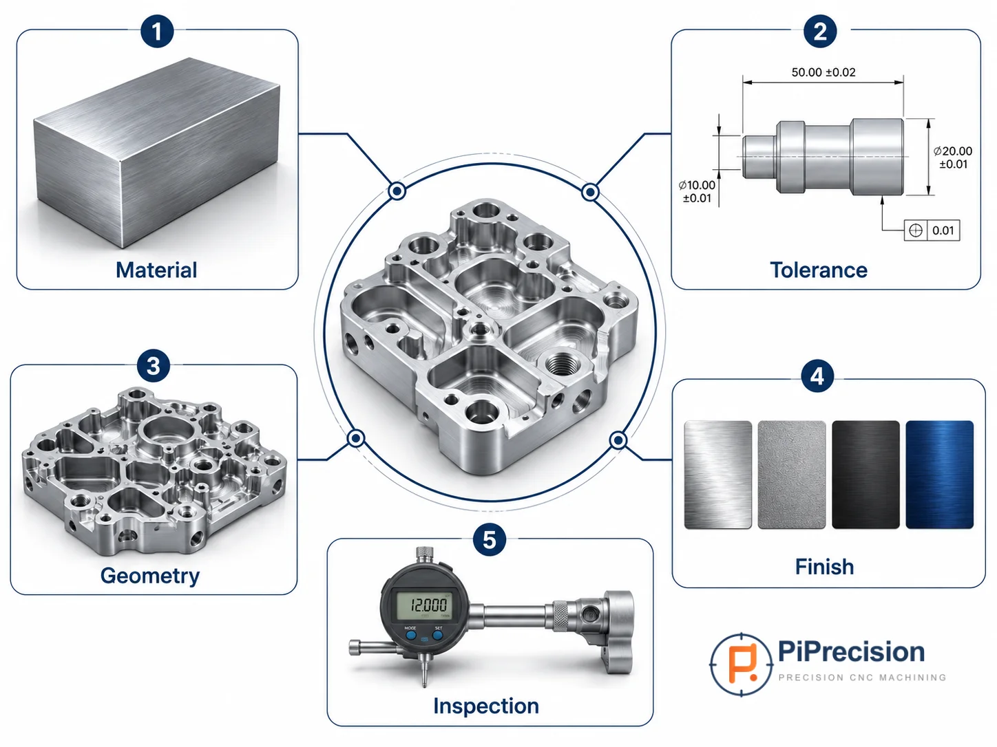 CNC machining cost factors including material, tolerance, geometry, finishing, and inspection