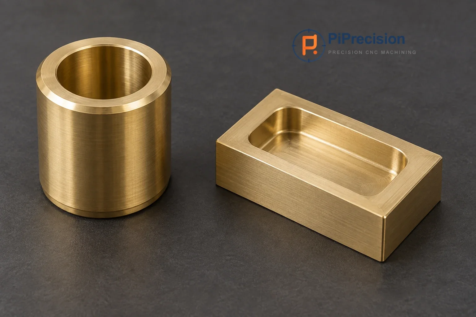 Illustrative brass sleeve and milled brass block with a rounded-corner pocket.