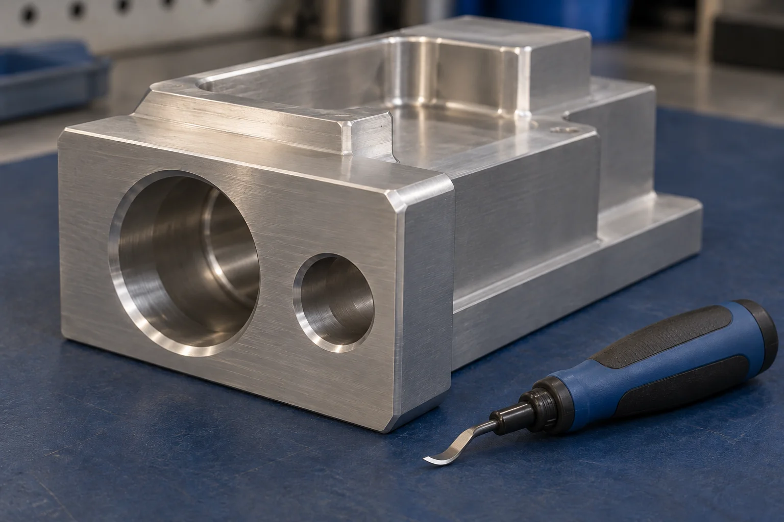 Illustrative machined aluminum component with chamfered bore mouths beside a manual deburring tool.
