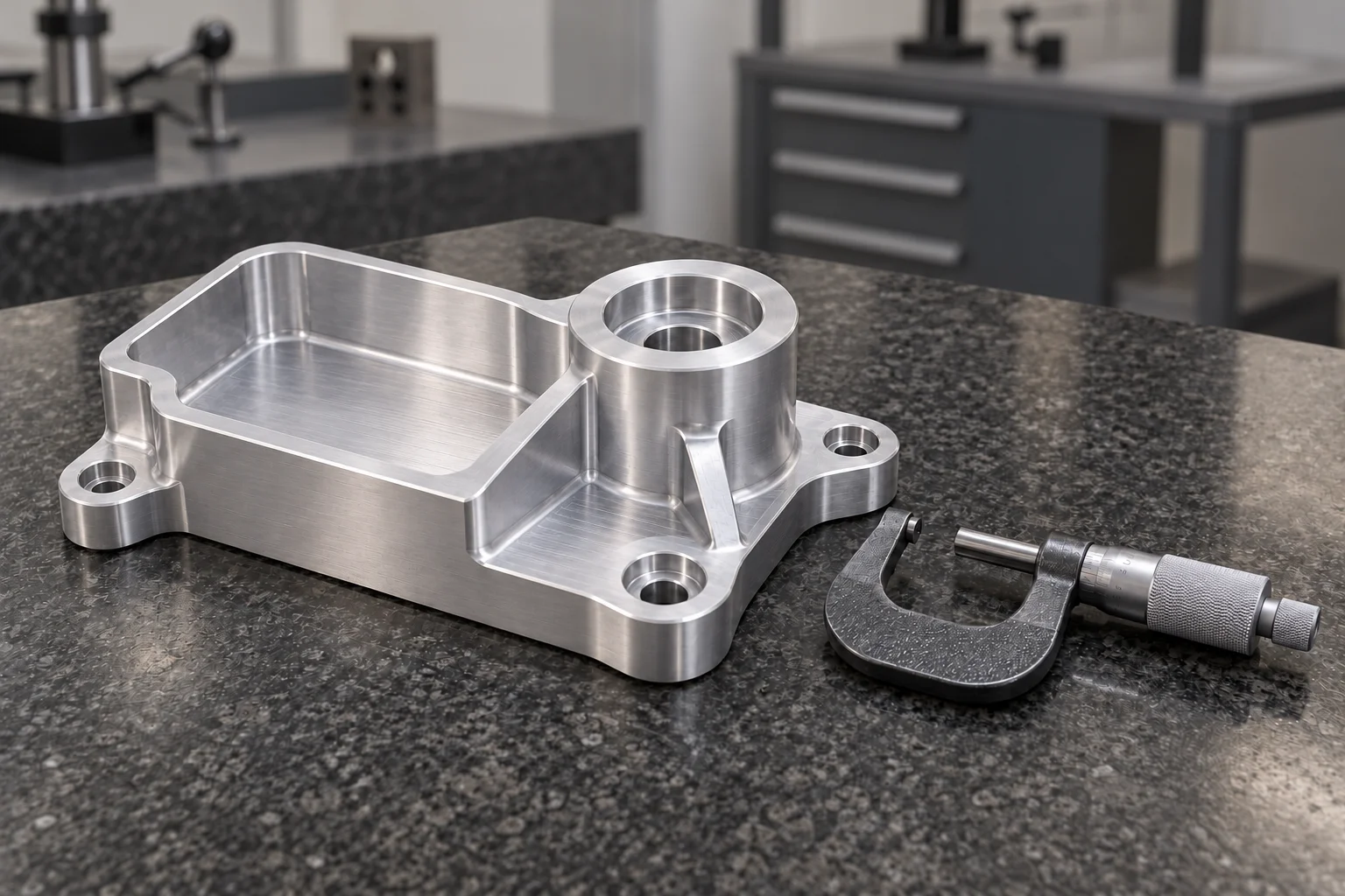 Illustrative CNC-machined aluminum actuator housing with a deep pocket, stepped bore, reinforcing rib, and counterbored mounting ears beside an outside micrometer.