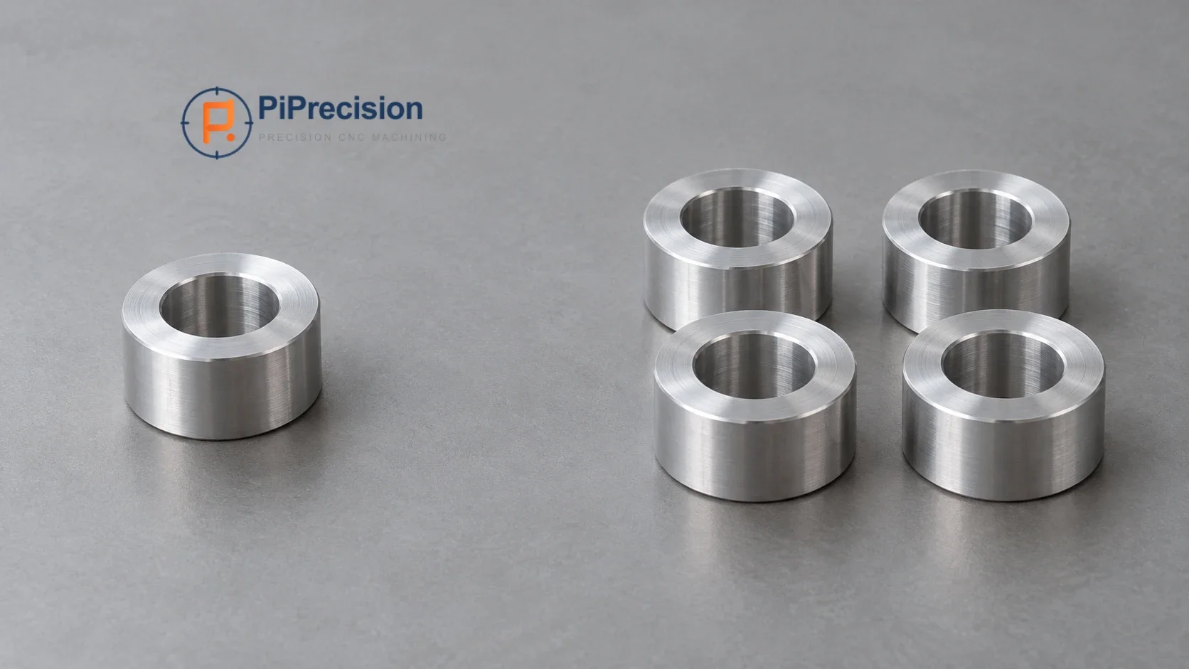Illustrative single aluminum CNC-turned spacer beside four matching spacers representing a small batch.