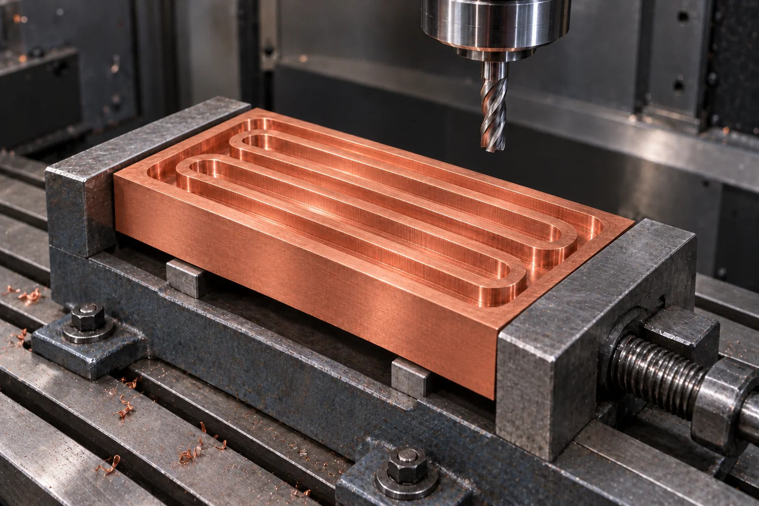 Illustrative copper block with milled serpentine channels held beneath a retracted CNC end mill