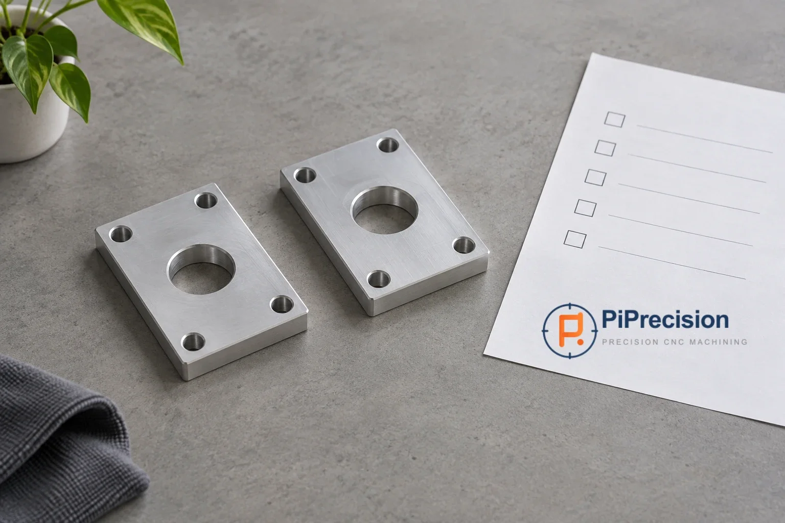 Illustrative pair of machined aluminum mounting plates beside a blank supplier evaluation checklist.