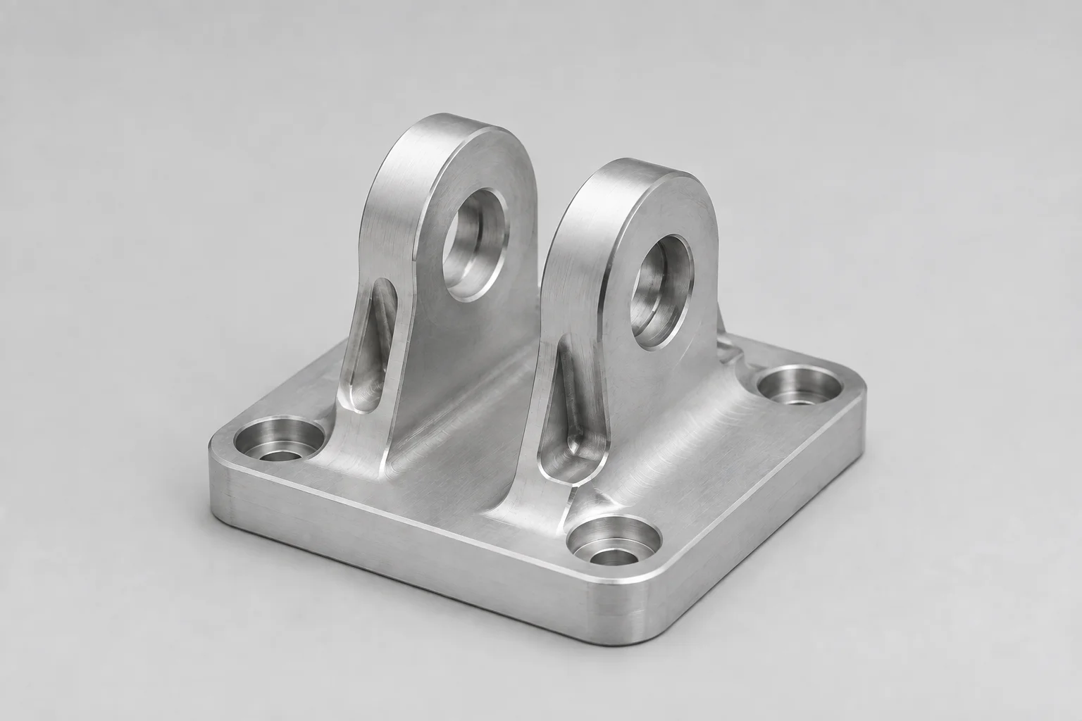 Machined clevis bracket with mounting holes and two bored ears.