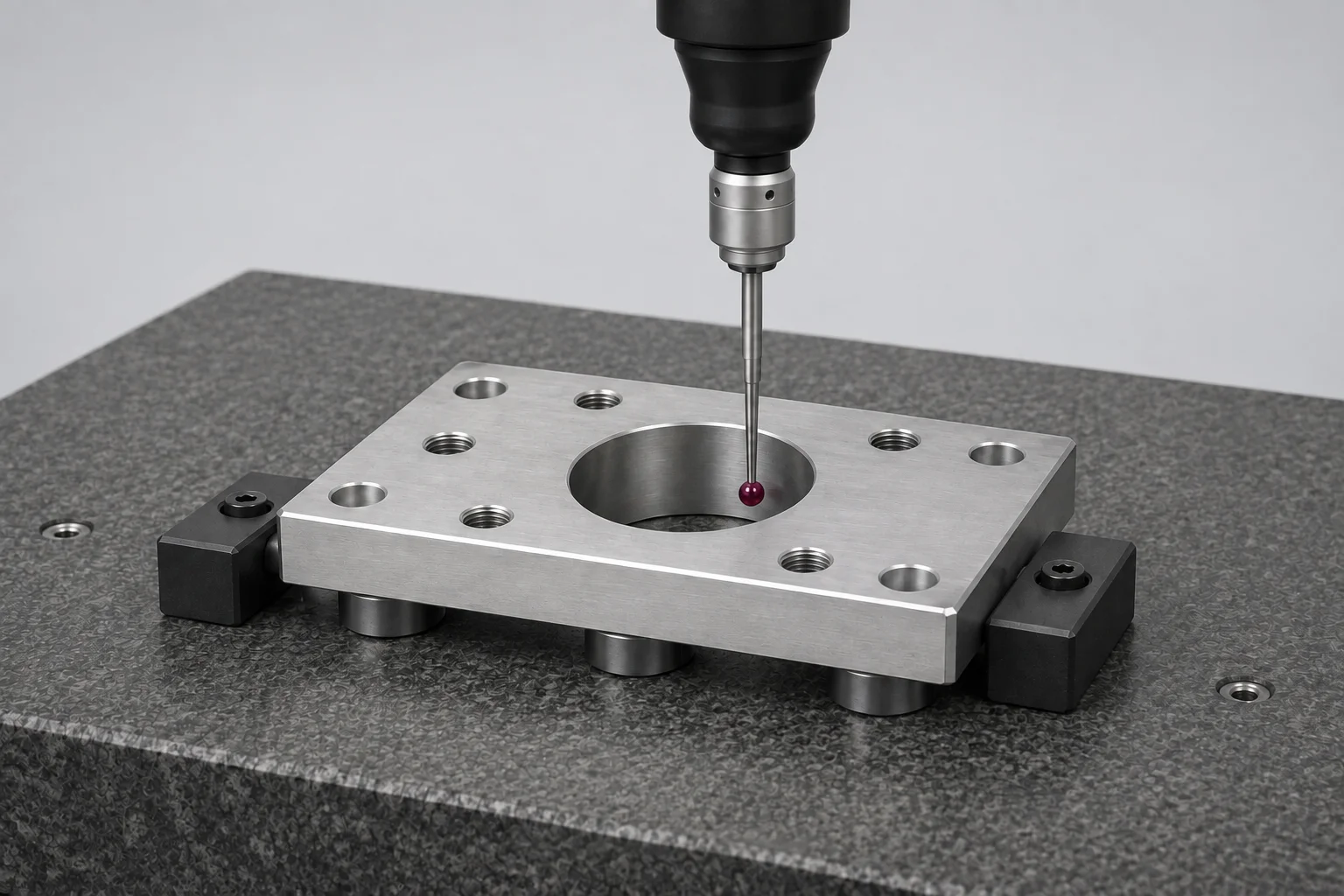 CMM probe positioned inside a bore in a supported and restrained plate