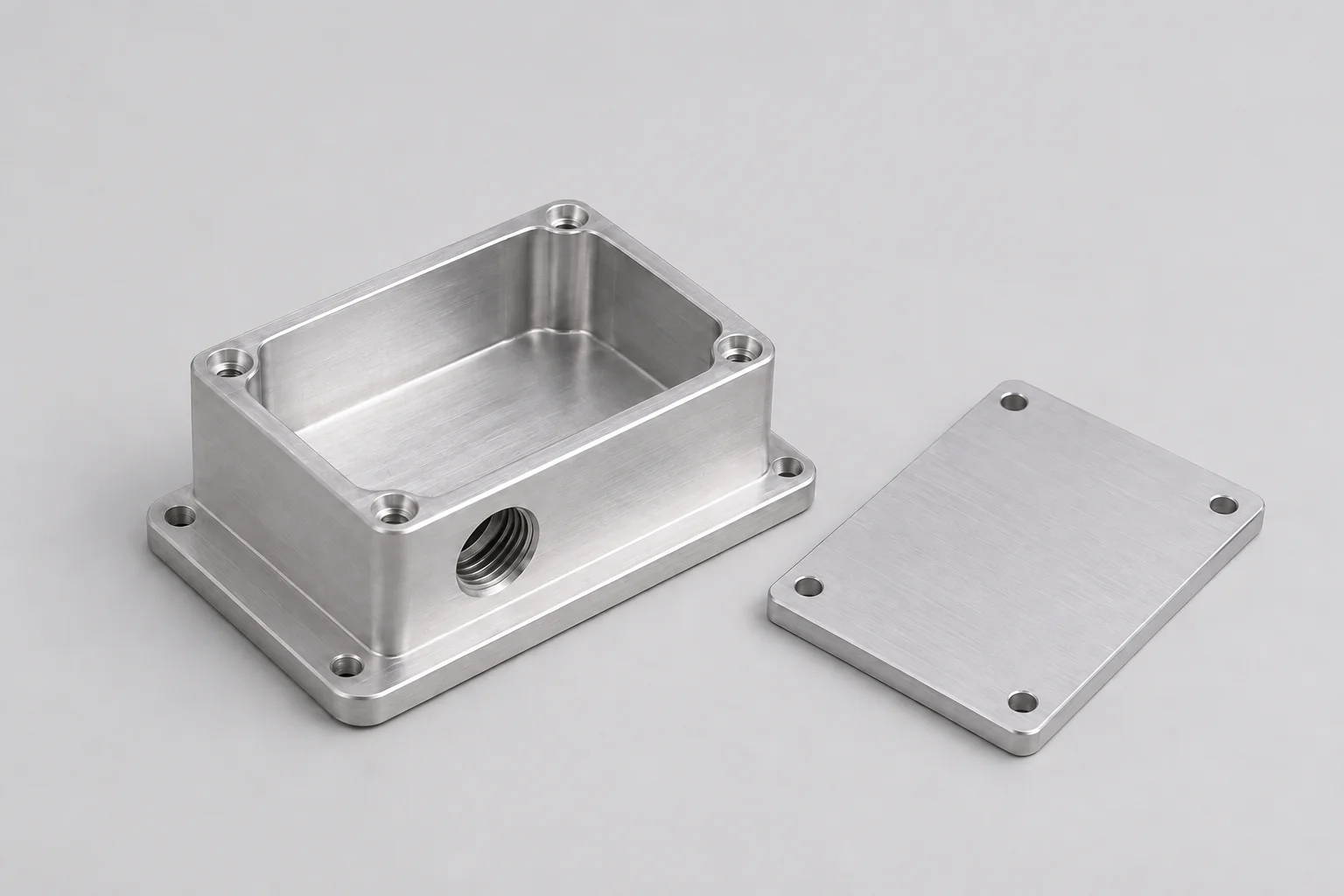Machined equipment housing with an open pocket, mounting holes and a separate plate