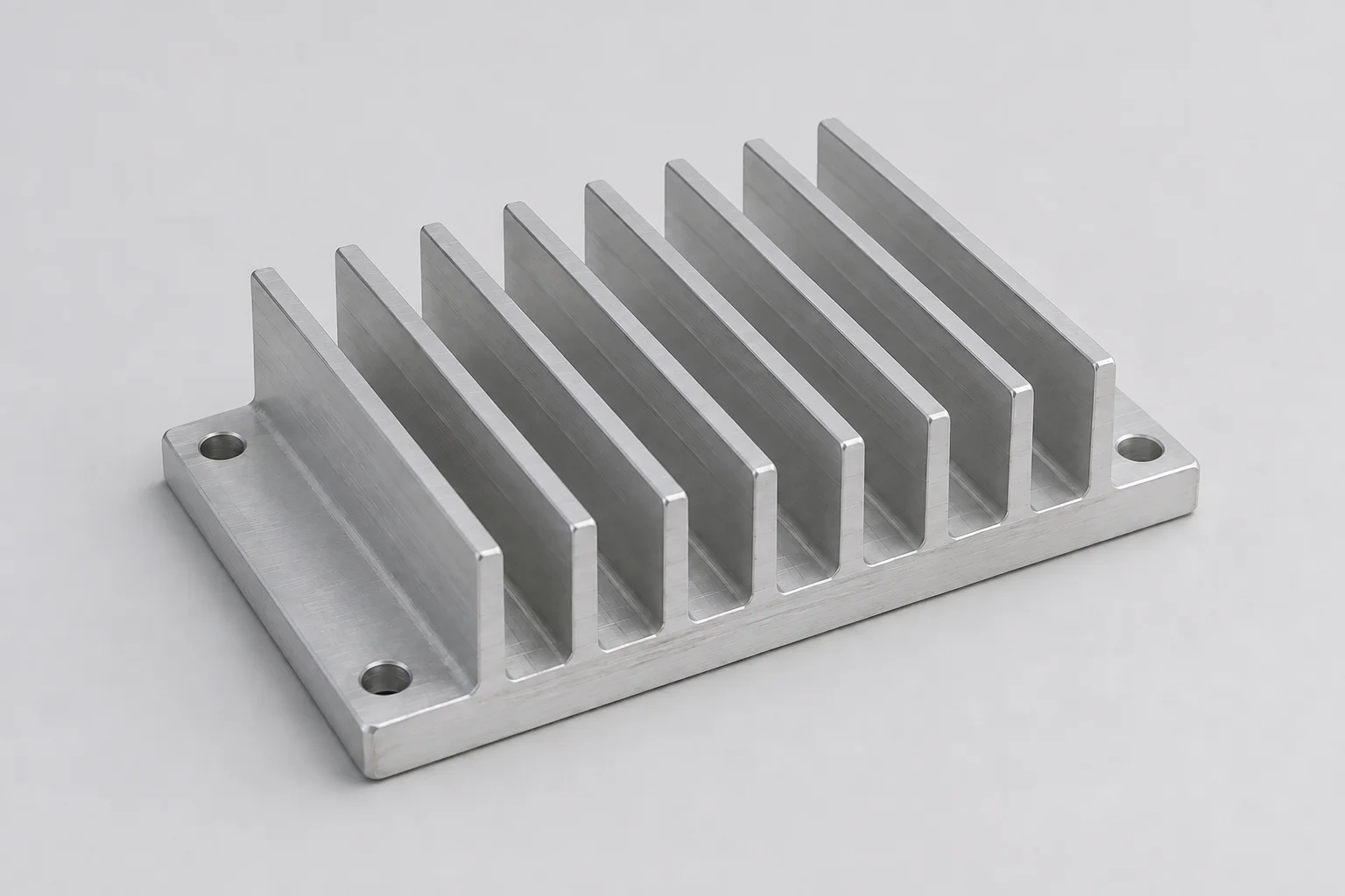 Machined heat sink with parallel fins, open channels and mounting holes.
