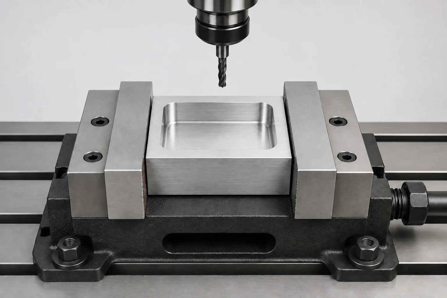 Pocketed workpiece clamped in a milling vise with the end mill retracted above it