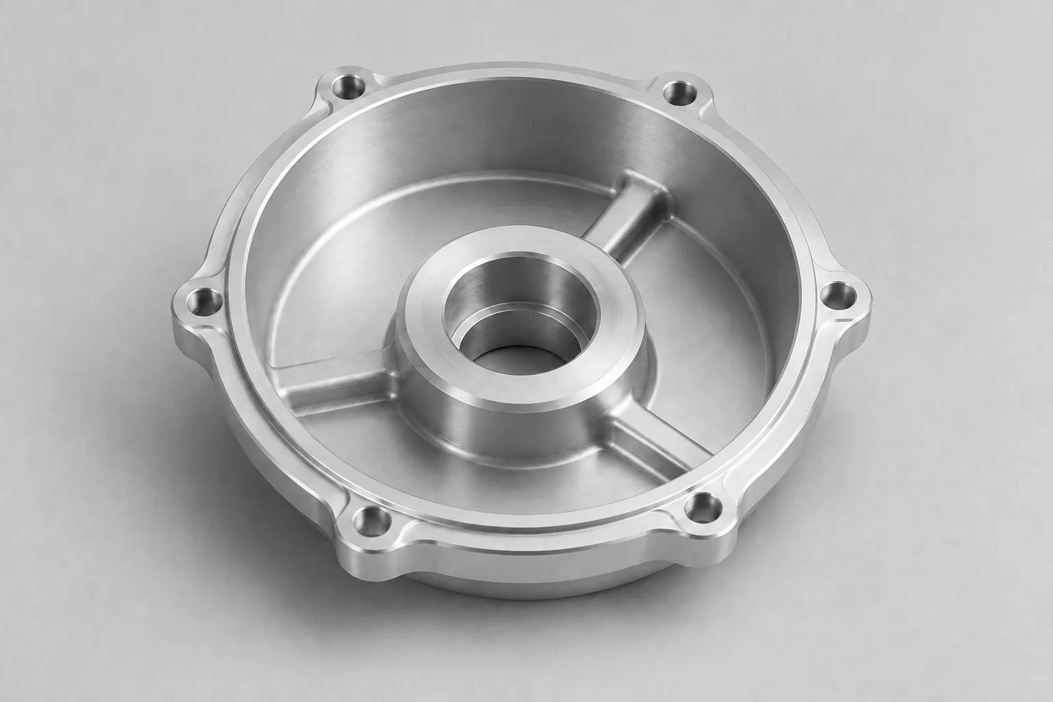 Machined motor end cover with a stepped central bore, flange holes and internal ribs
