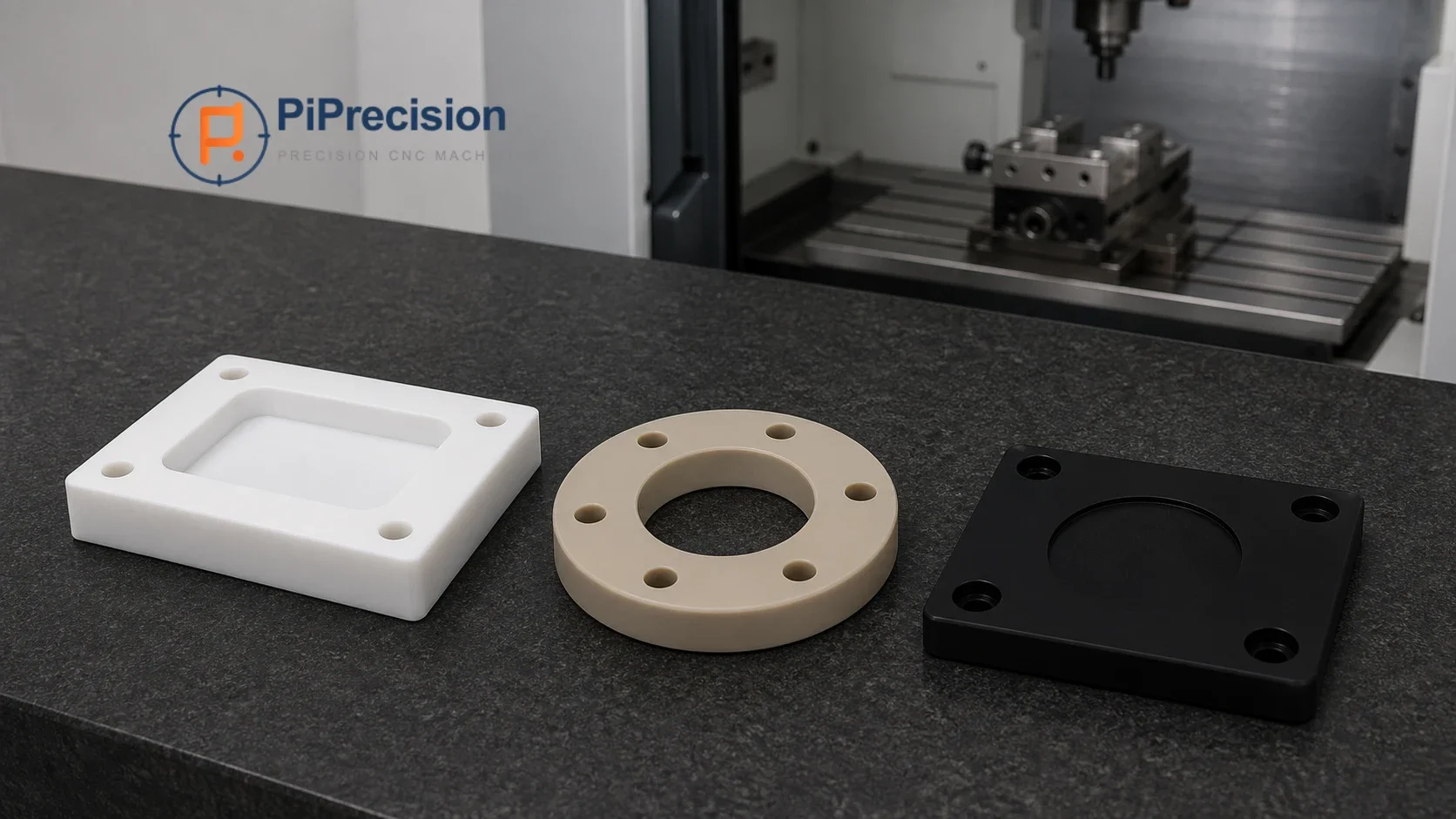 Representative CNC-machined plastic components beside a machining center.
