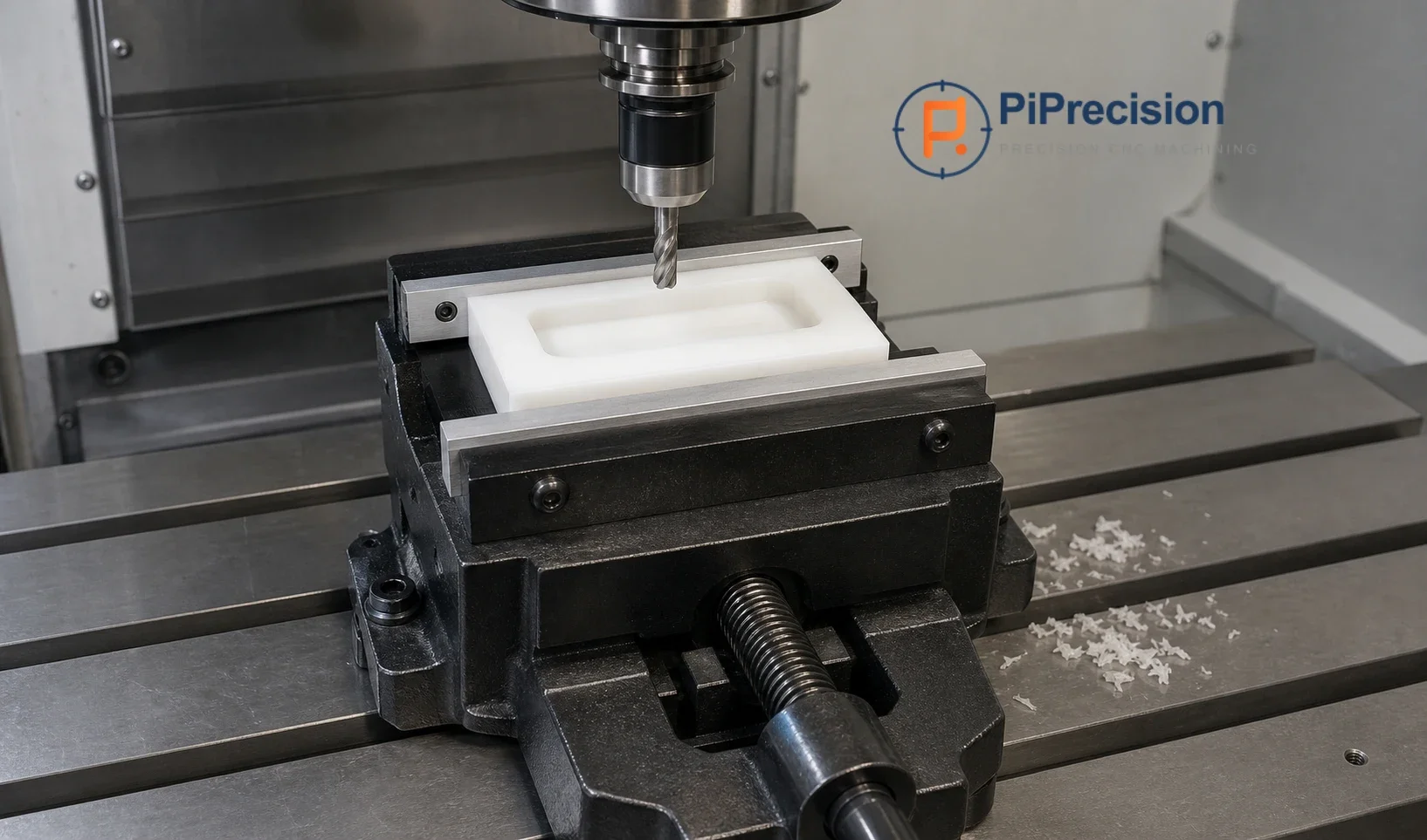 Paused CNC setup with a POM workpiece clamped in a conventional machinist vise.