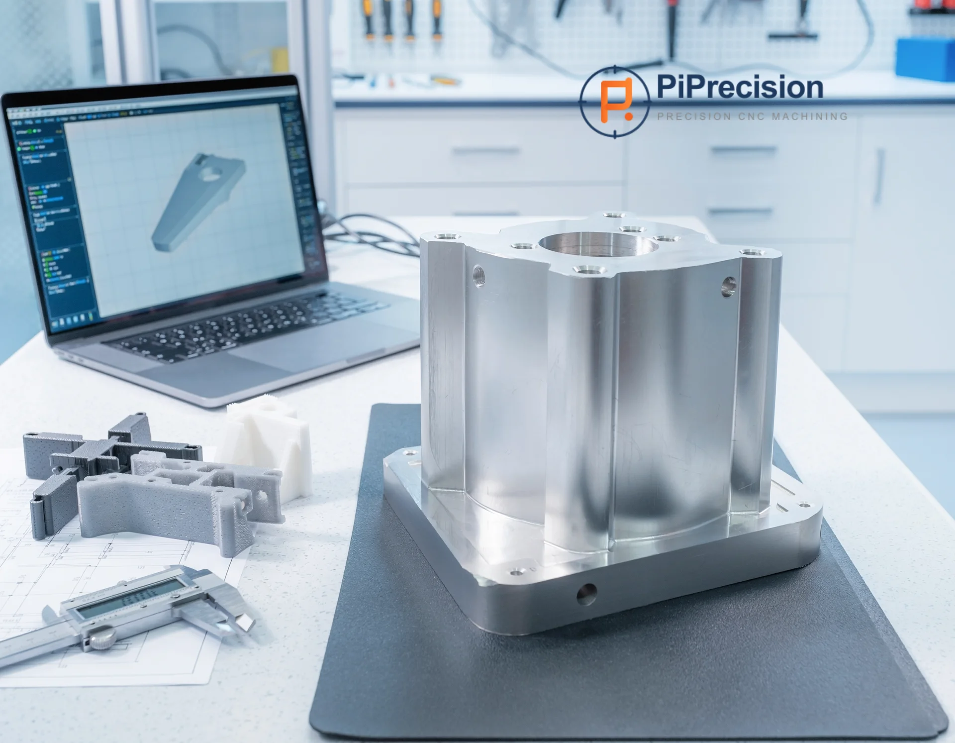 Rapid prototyping workspace with CNC machined and 3D printed prototype parts, CAD drawings, and inspection tools.