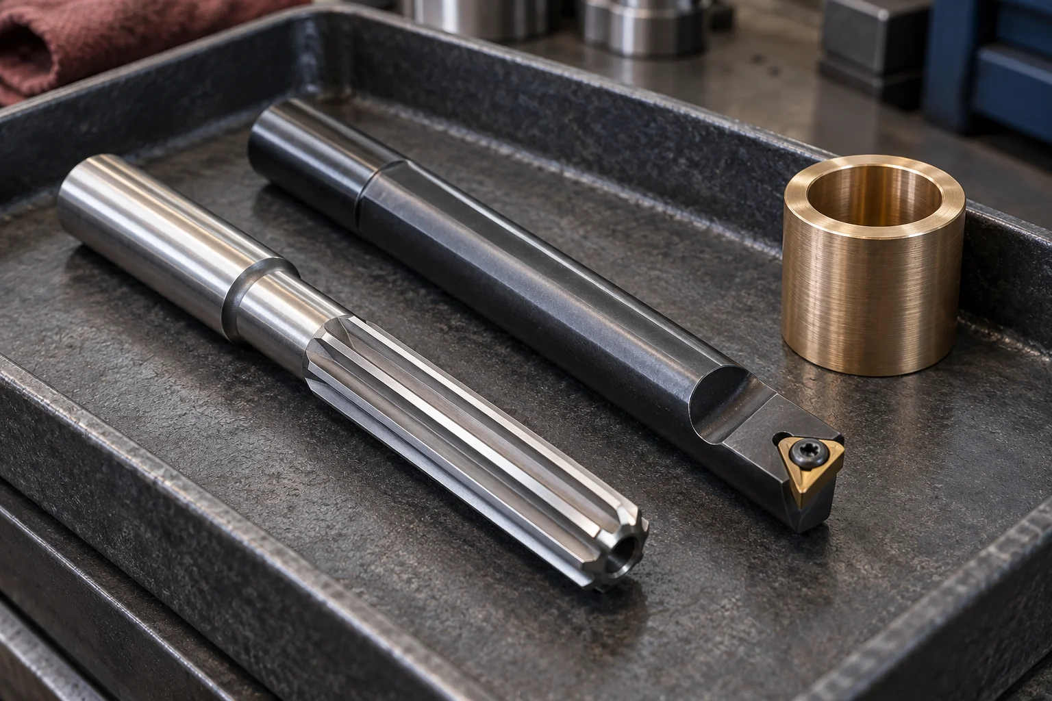Straight-flute reamer and insert boring bar arranged in a tool tray beside a bronze-colored sleeve