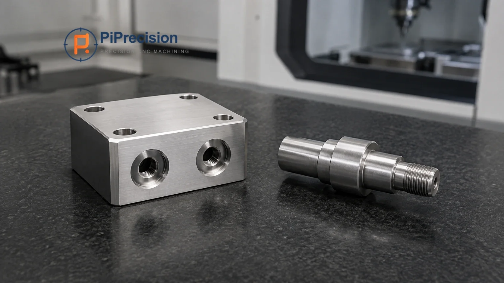Representative milled and turned stainless steel CNC parts on an inspection table