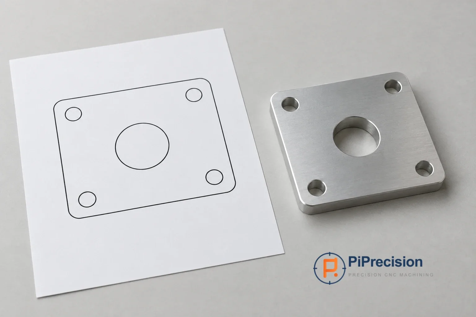 Illustrative aluminum mounting plate beside a matching top-view sketch with a central bore and four corner holes.