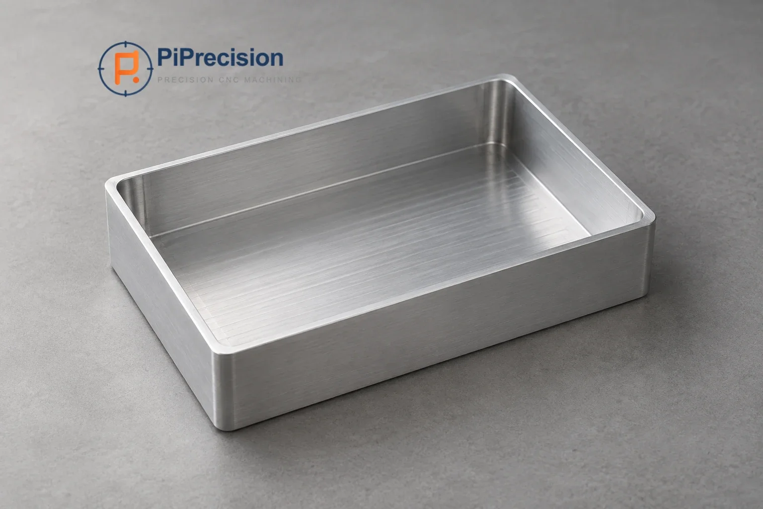 Illustrative CNC-milled aluminum enclosure with thin sidewalls, rounded internal corners, and a solid floor.