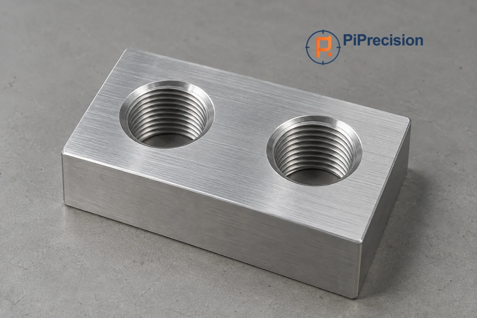 Representative machined metal block with two internal threaded holes.