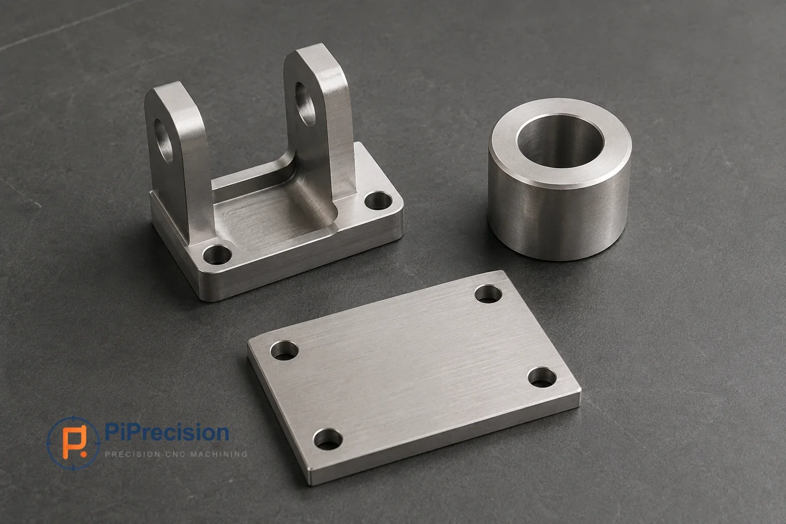 Representative CNC-machined titanium-style bracket, spacer, and mounting plate