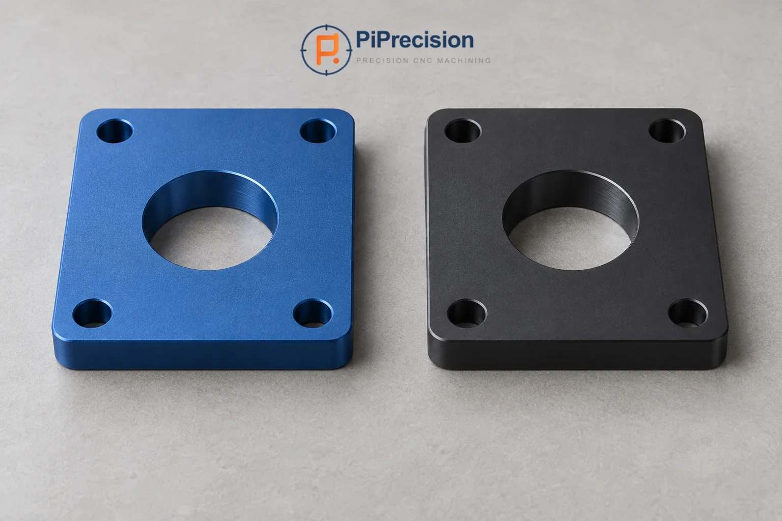 Illustrative blue and charcoal anodized aluminum mounting plates with central bores and four mounting holes.